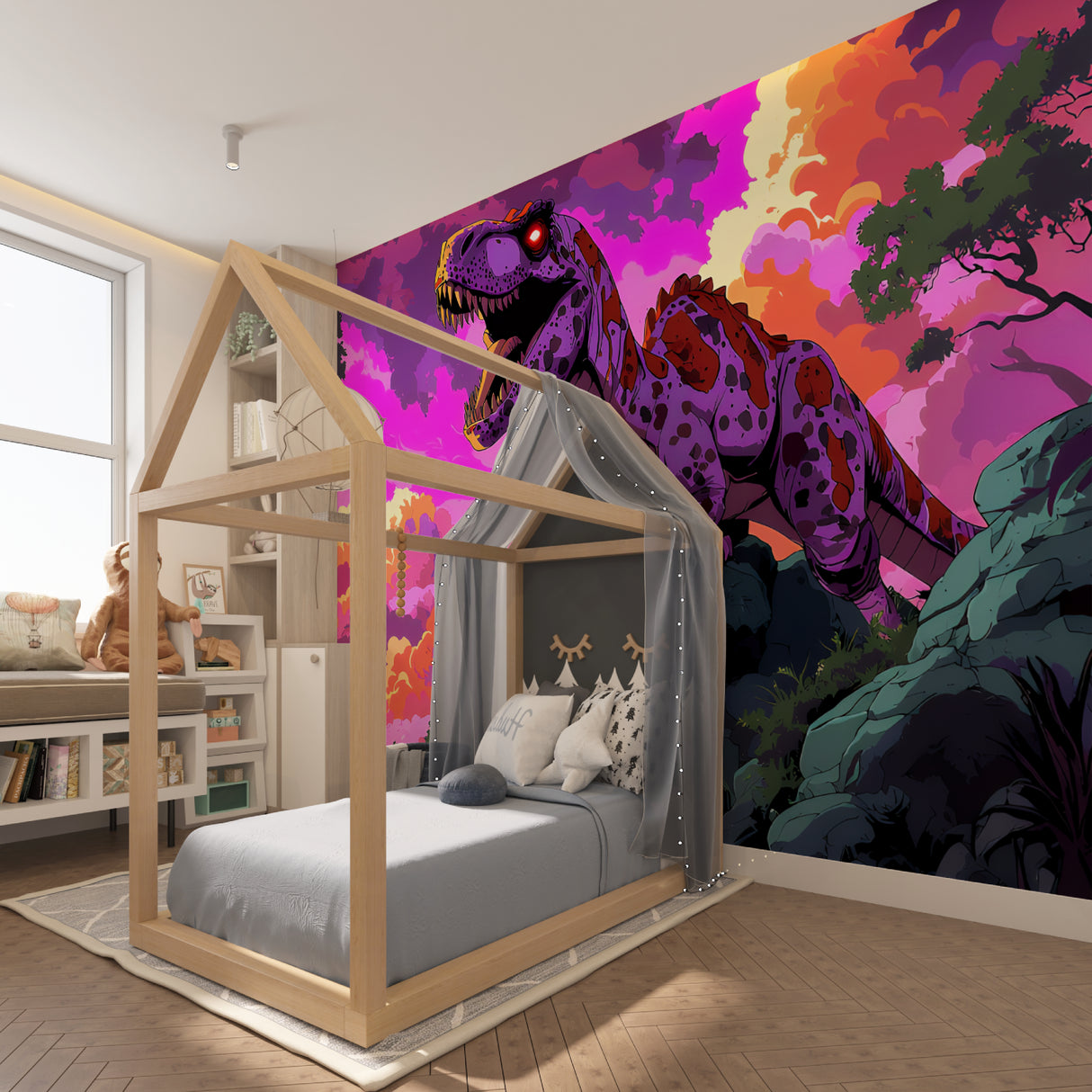 Cyber punk T-Rex mural in entertainment room with purple accent lighting