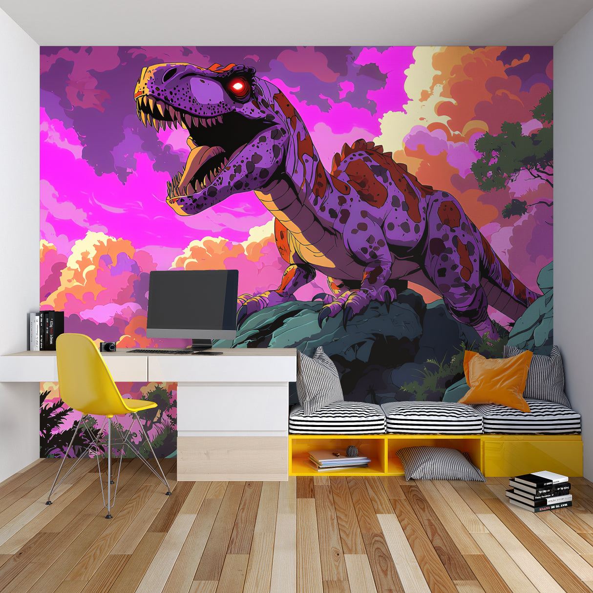 Modern dinosaur wallpaper creating wow factor in kids gaming zone
