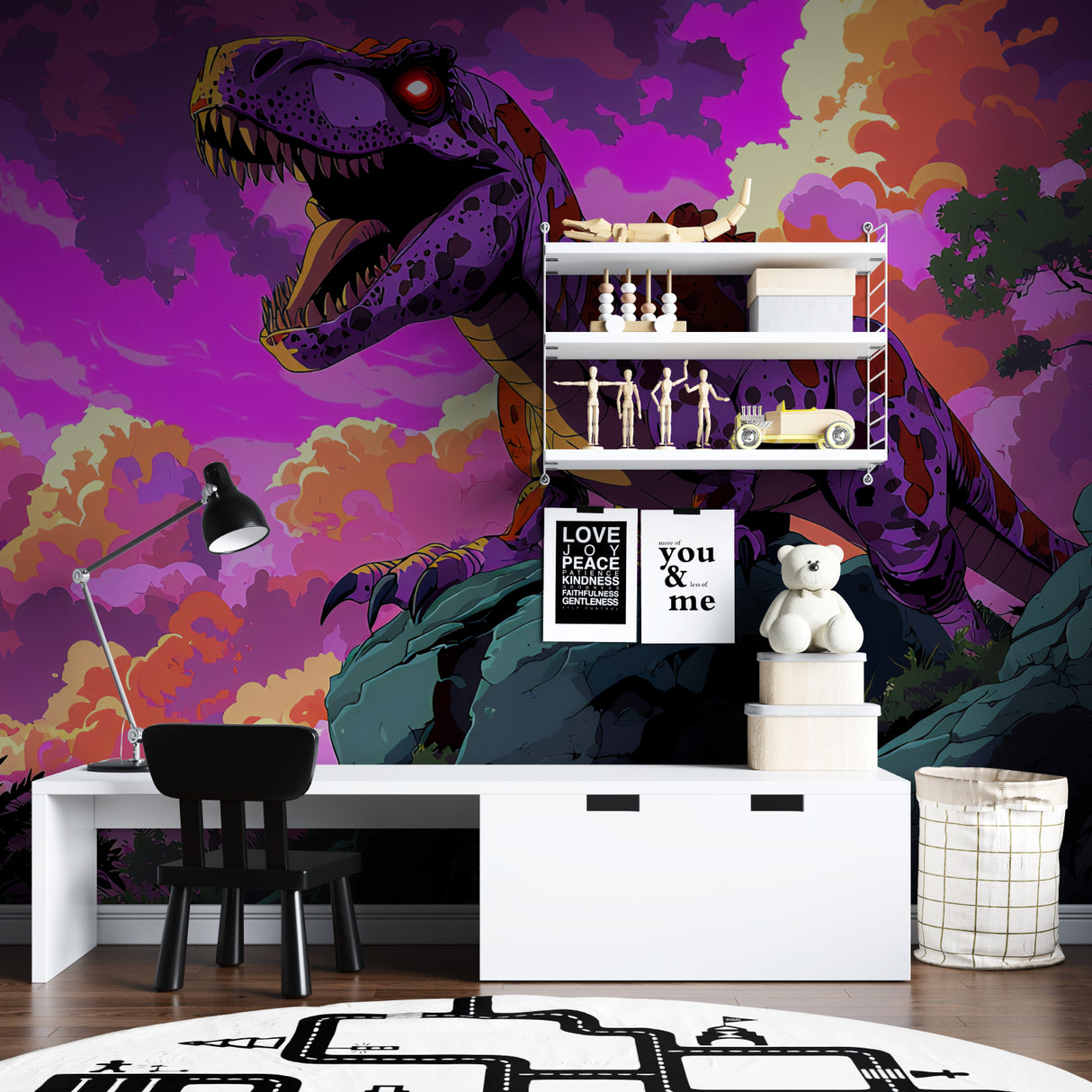 Purple T-Rex wall mural transforming plain bedroom into gaming paradise