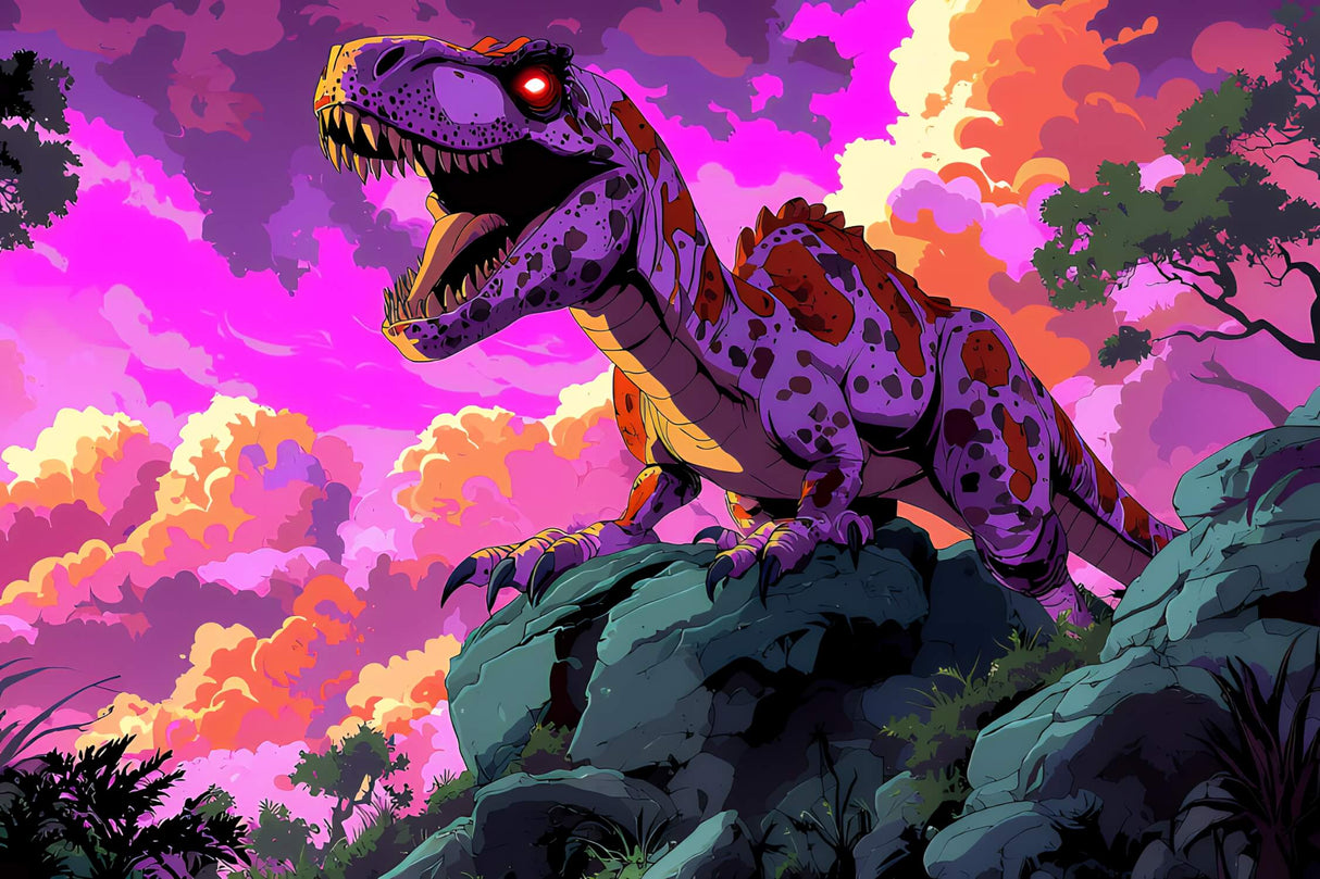 Design file showing detailed cyber punk T-Rex pattern with neon purple effects