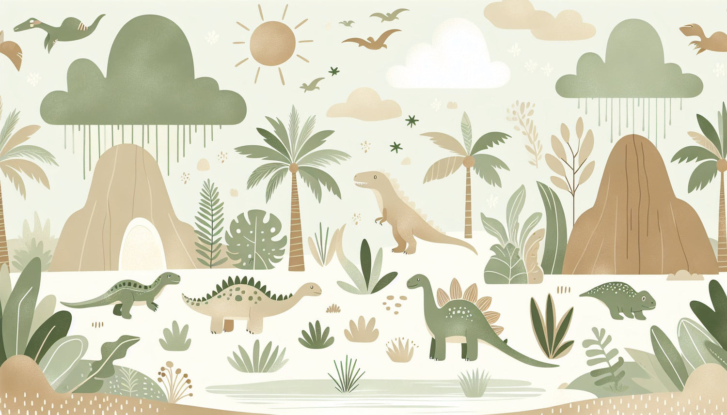 Sage green prehistoric paradise design file showing detailed dinosaur pattern and tropical elements