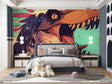 Street art dinosaur wallpaper creating bold impact in modern teen bedroom with gaming setup