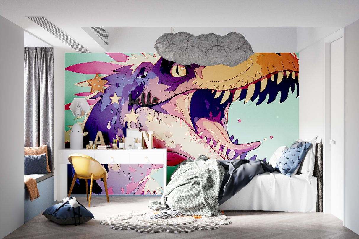 Urban graffiti T-Rex mural bringing cool vibes to kids playroom with contemporary furniture