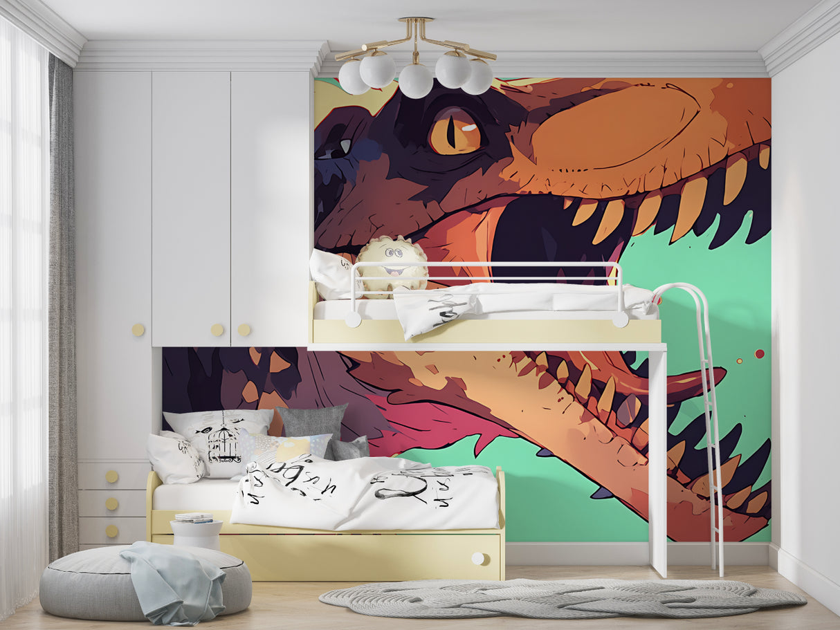 Graffiti style dinosaur wallpaper transforming home office space with street art energy