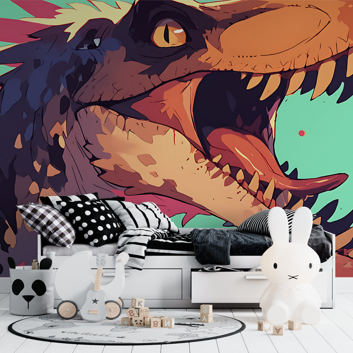 Modern dinosaur wall mural adding urban edge to family room entertainment area