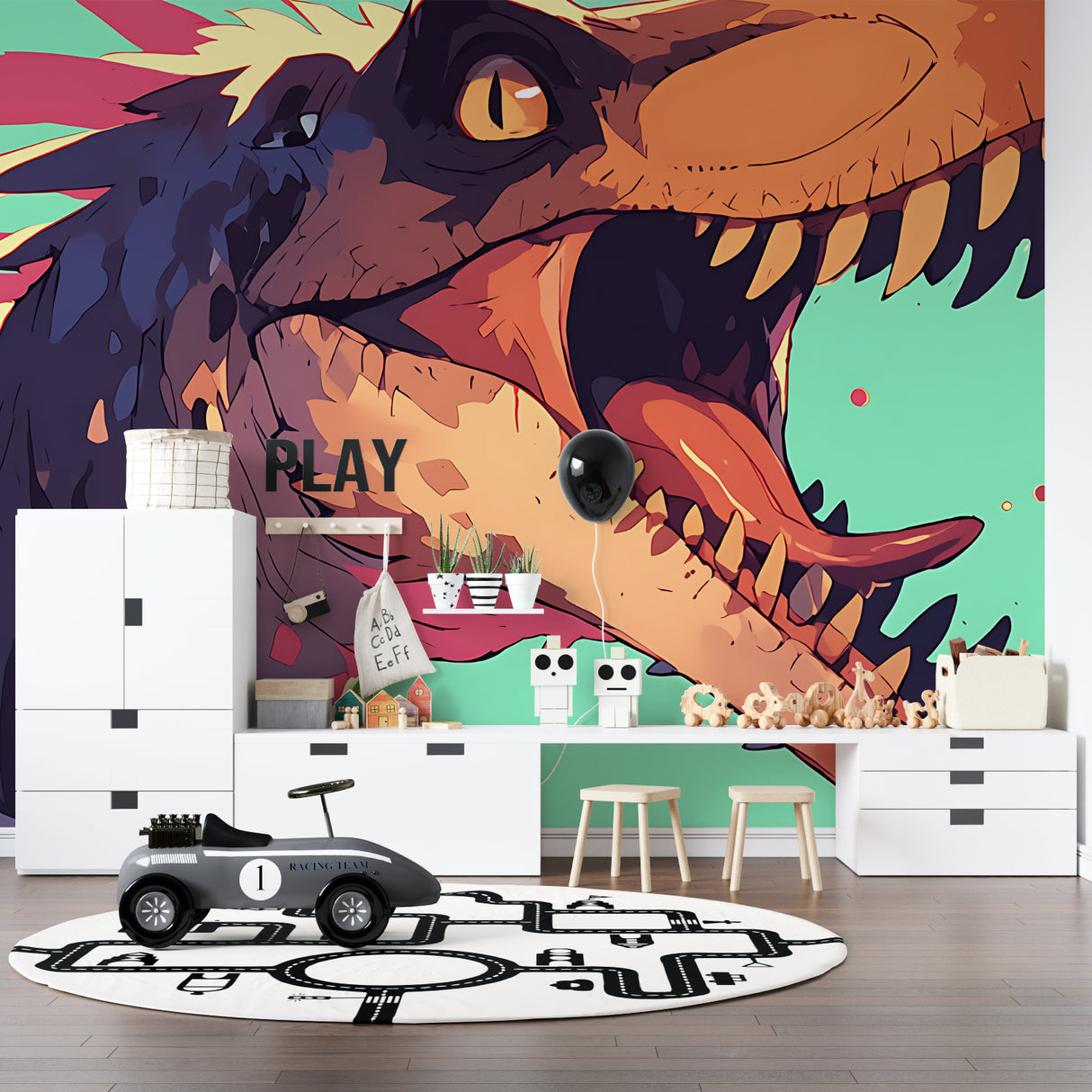Street art T-Rex design making statement in contemporary gaming room setup