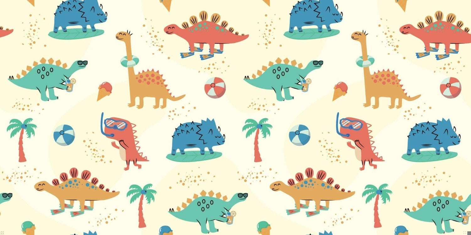 Design file showing cheerful beach dinosaurs pattern with palm trees and golden sparkle details