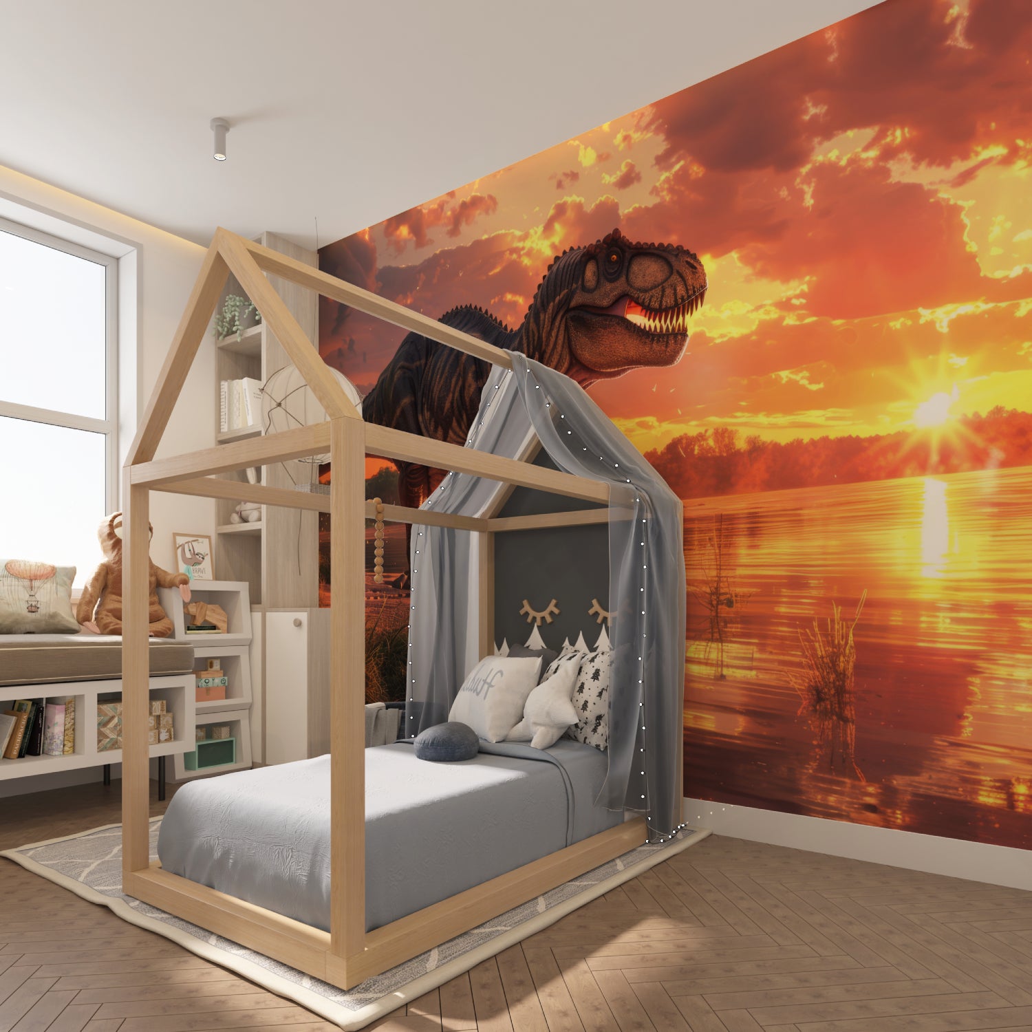 Dramatic T-Rex wall mural transforming a playroom with golden sunset hues