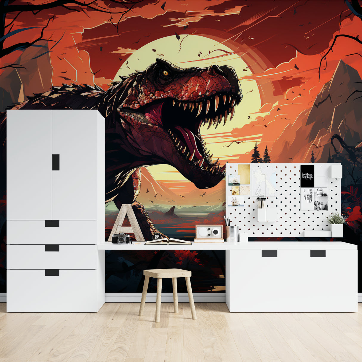 Kids bedroom transformed with T-Rex dinosaur wall mural featuring warm sunset tones