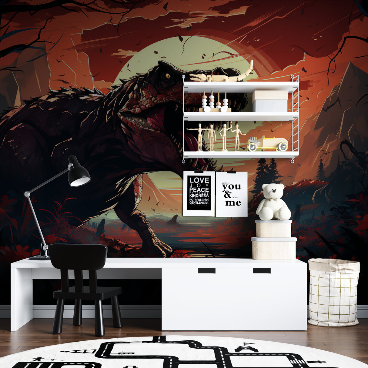 Playroom featuring stunning dinosaur wallpaper mural with T-Rex silhouette against orange sky