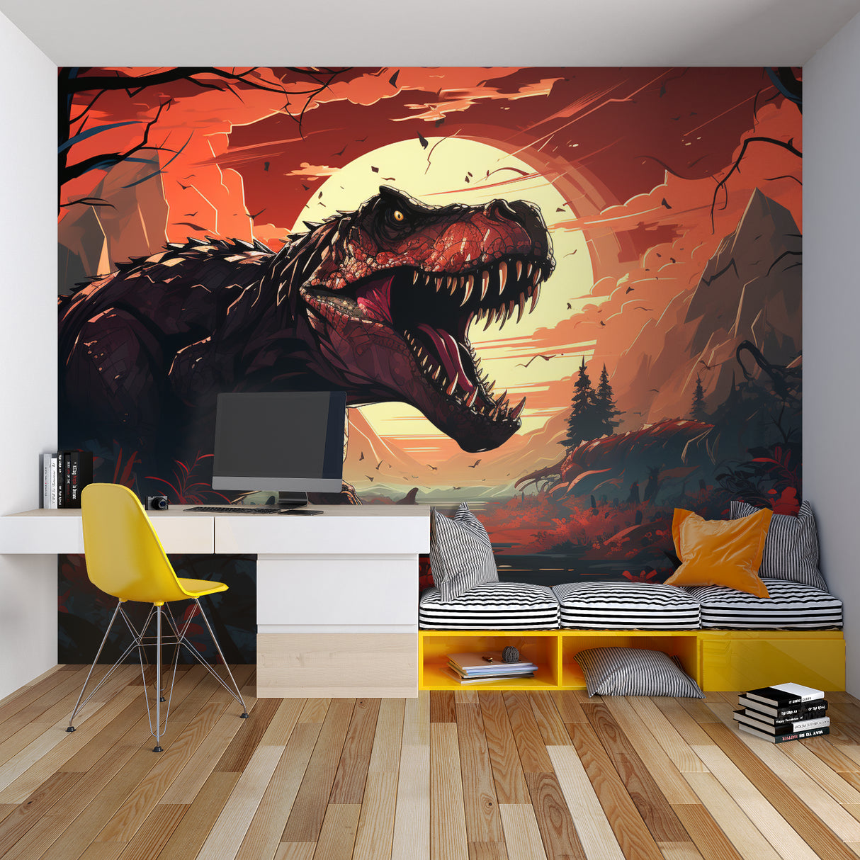 Study room with prehistoric T-Rex wall mural creating inspiring learning environment