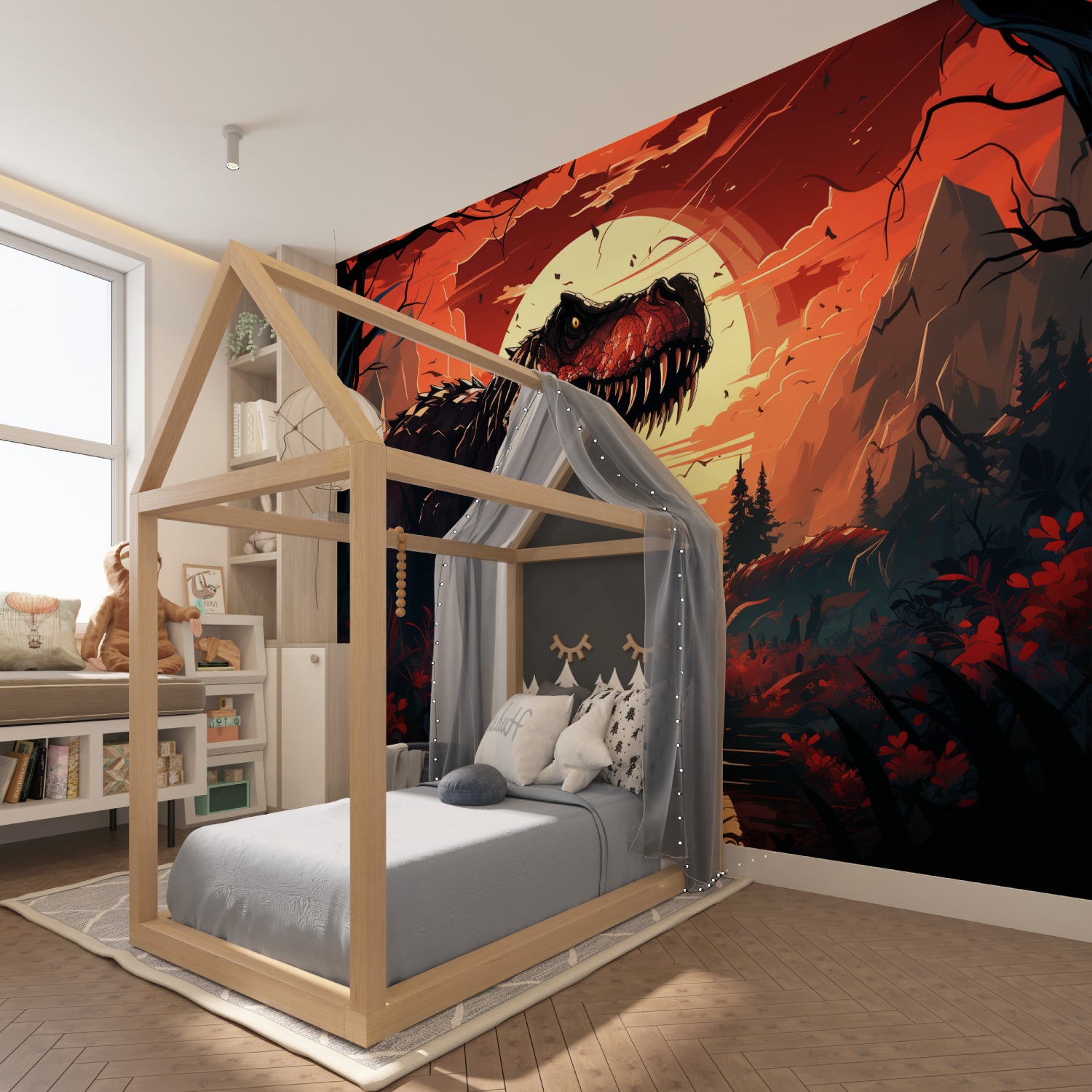 Game room showcasing large-scale dinosaur mural with dramatic sunset background