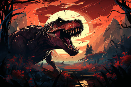 T-Rex dinosaur wall mural design file showing detailed sunset artwork and silhouette pattern