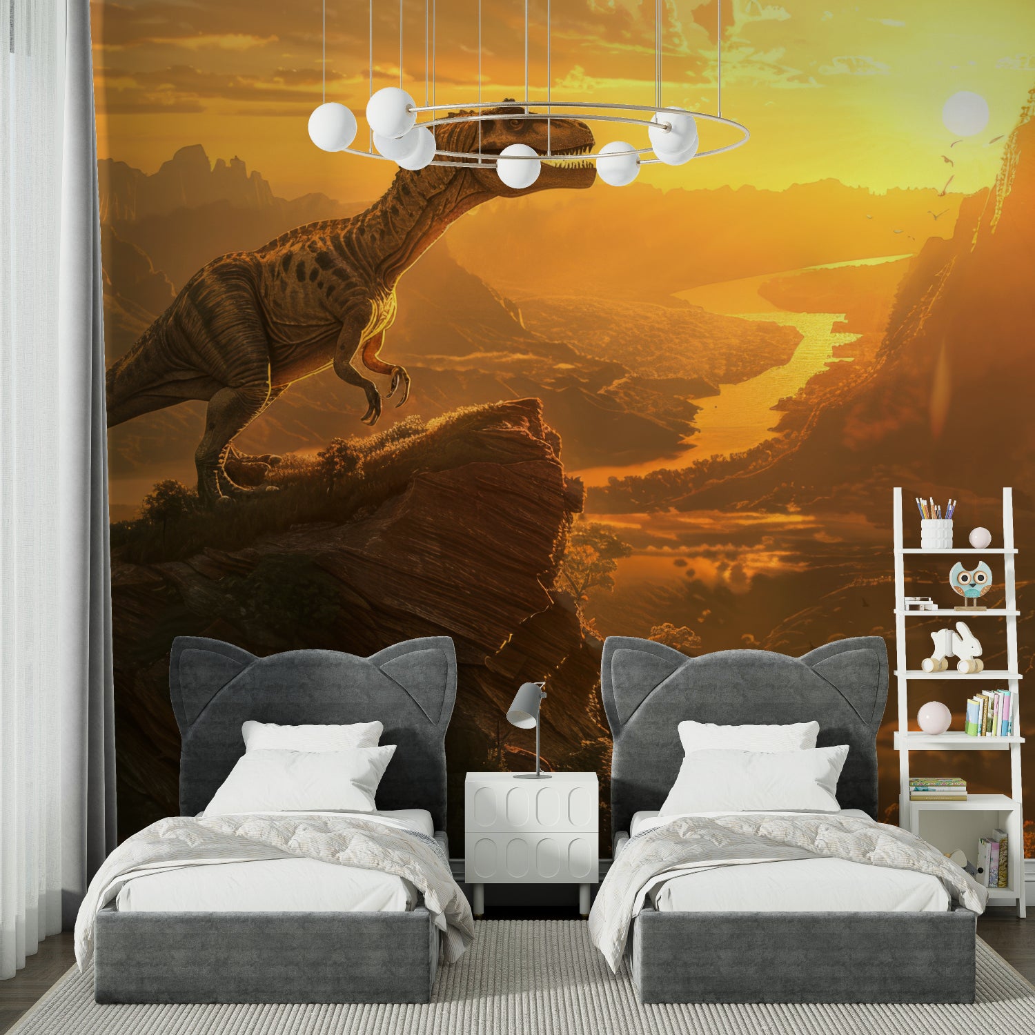 T-Rex wallpaper creating drama in a cozy reading nook with golden hour lighting