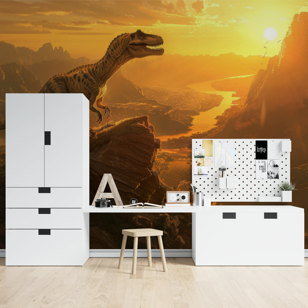Prehistoric mural adding character to a playroom with mountain landscape backdrop