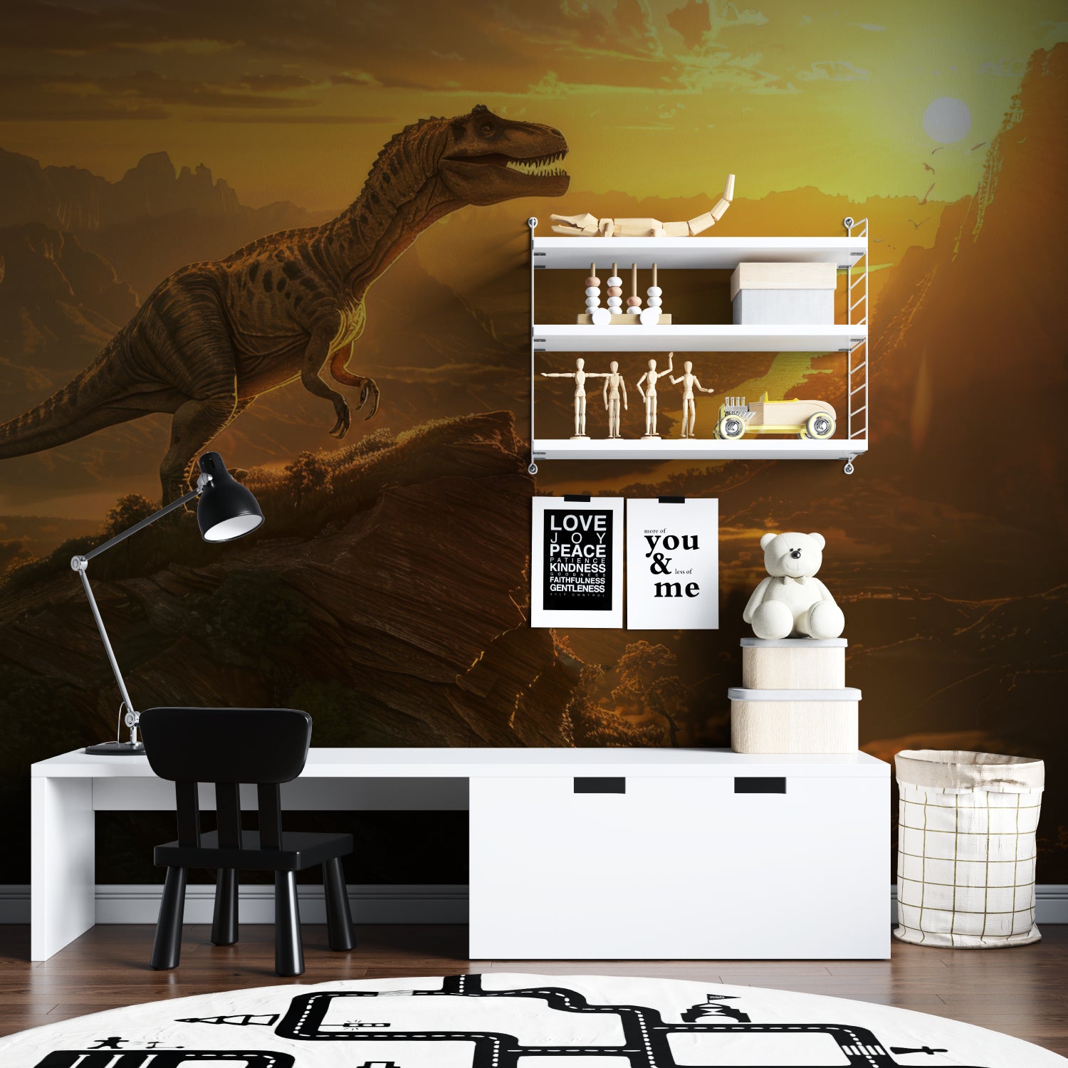 Dinosaur themed wall design making a statement in teen gaming room