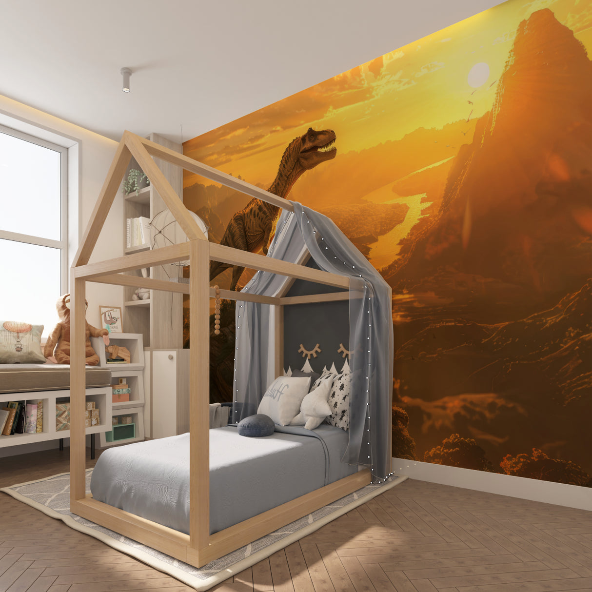 T-Rex wallpaper transforming office space with sunset mountain scenery