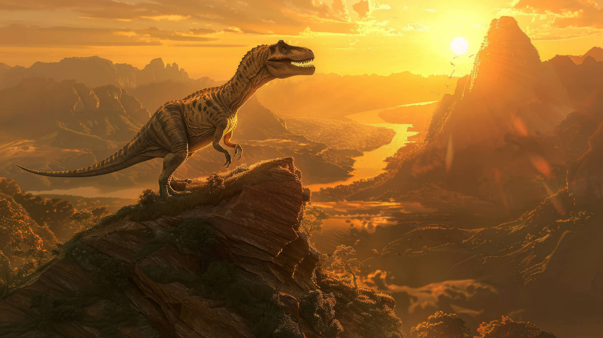 Design file showing detailed T-Rex silhouette against dramatic mountain sunset