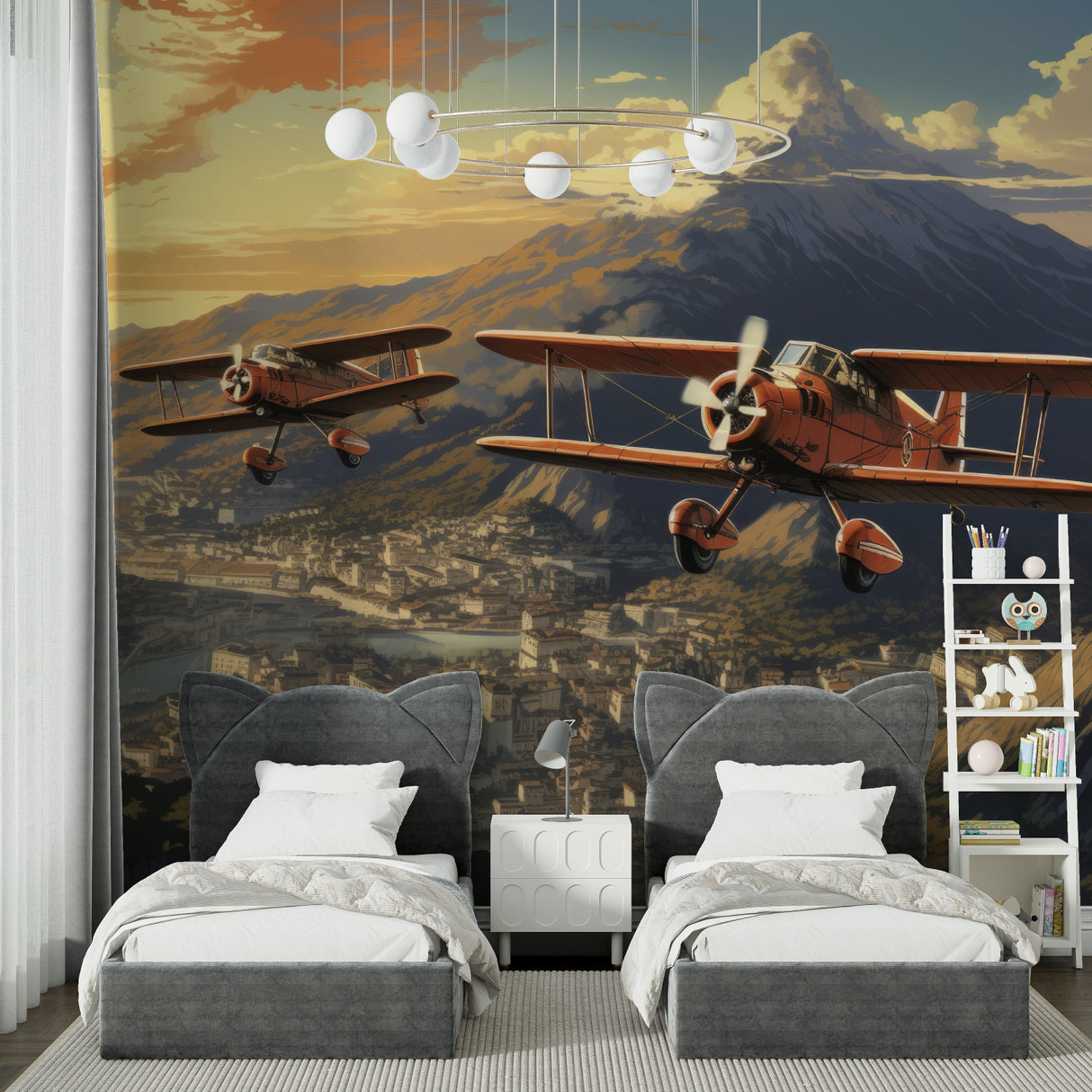 T-Rex forest wallpaper in modern kids bedroom, showing scale and impact of dinosaur mural design