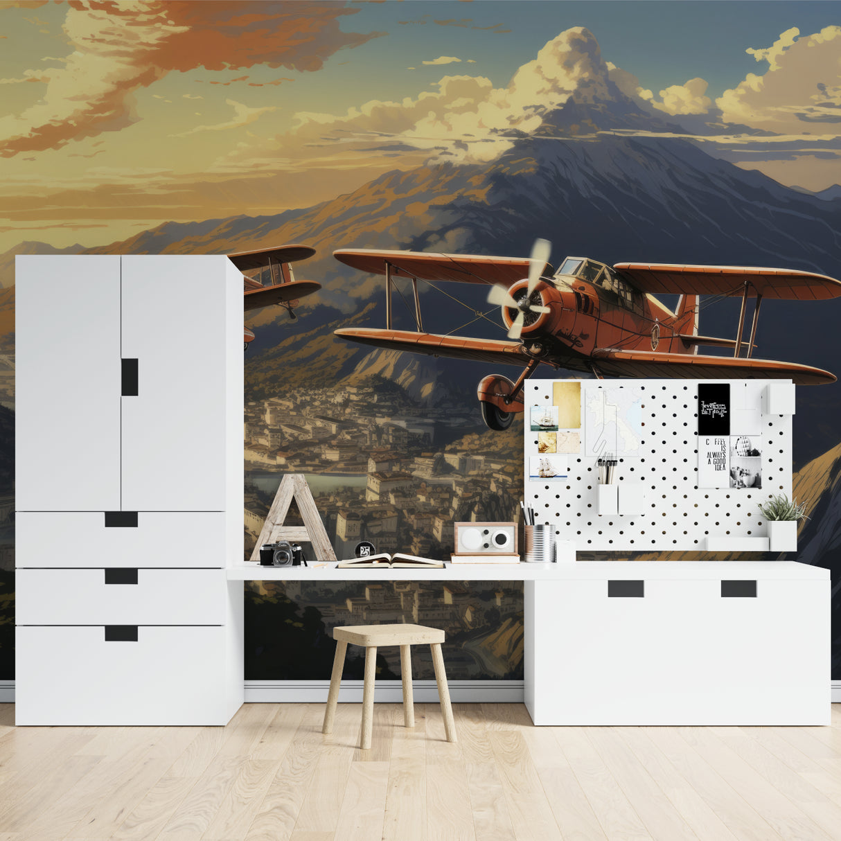 Dinosaur wall mural in playroom setting, highlighting the golden forest atmosphere