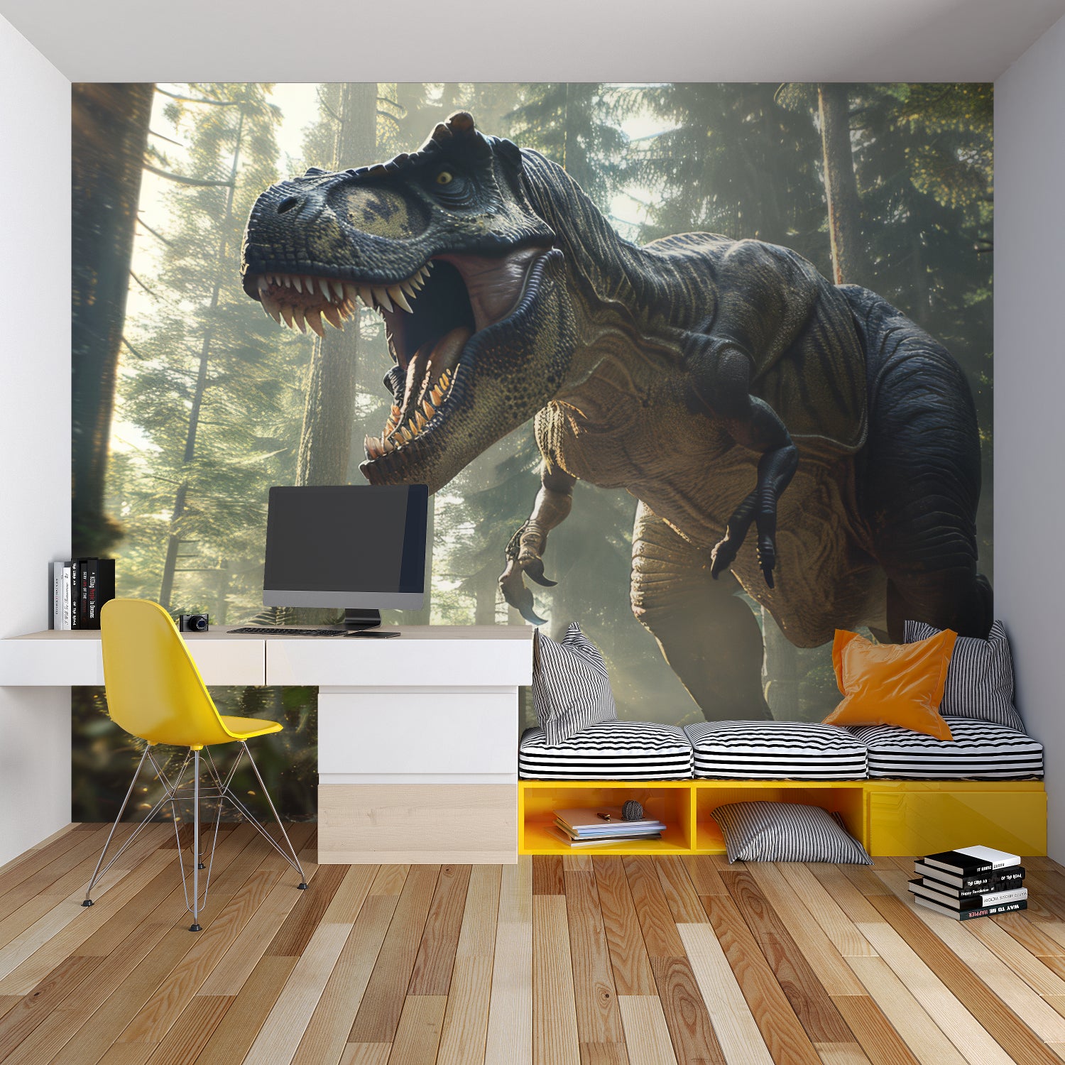 T-Rex forest wallpaper transforming a neutral nursery into an adventure zone