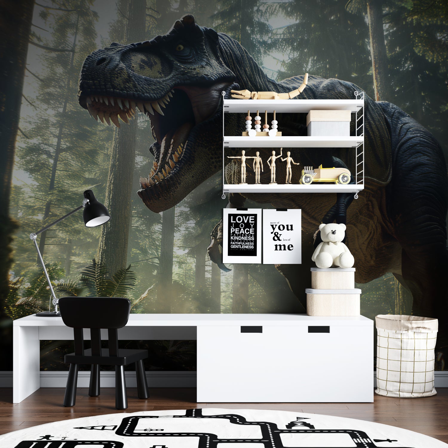 Prehistoric mural adding depth to a child's study area