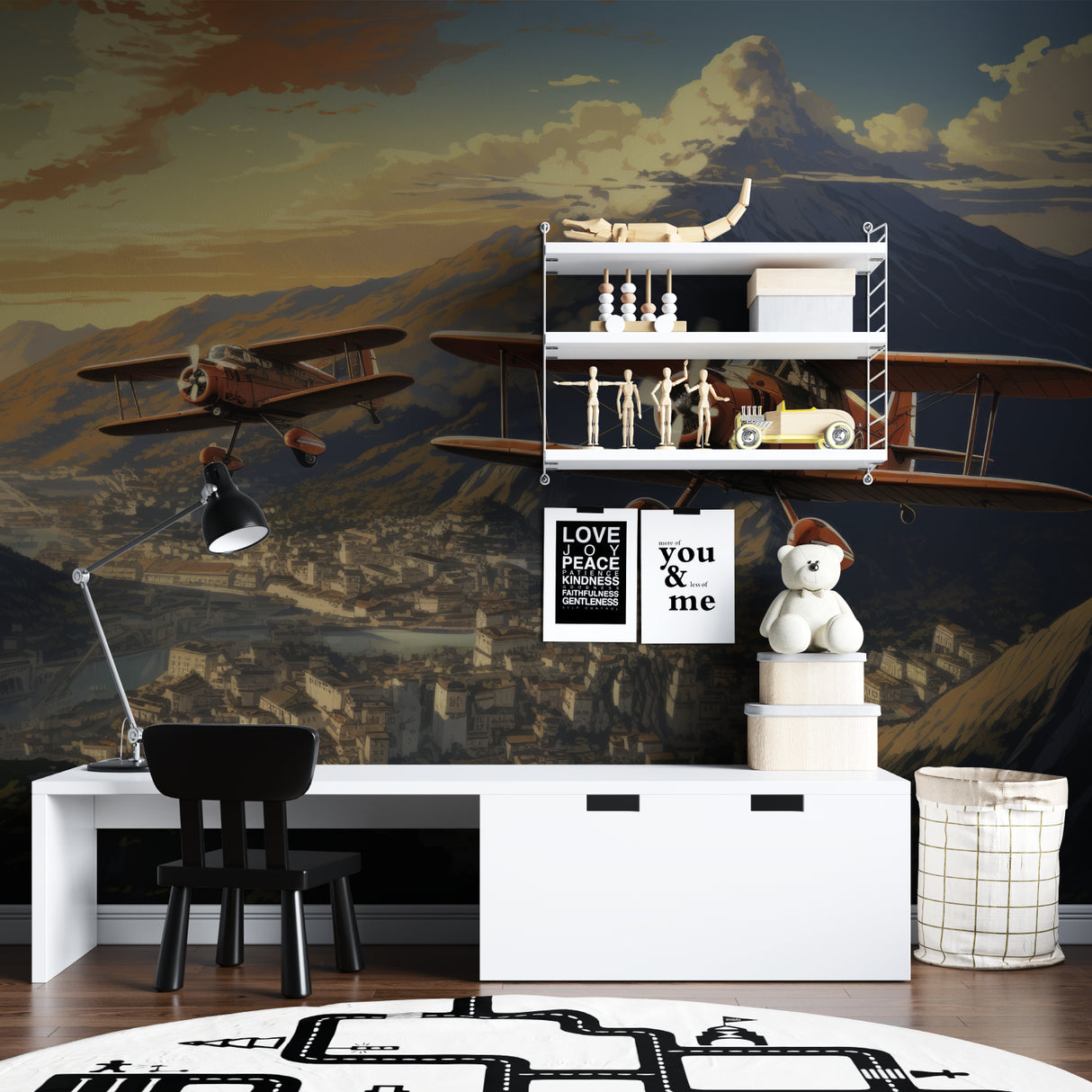 T-Rex mural wallpaper in teen bedroom, showing versatility across age groups