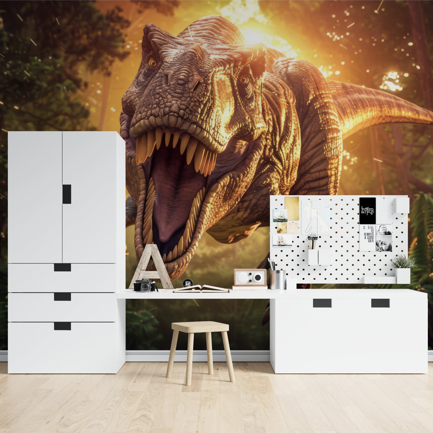 Dramatic dinosaur mural enhancing playroom walls with realistic forest scene