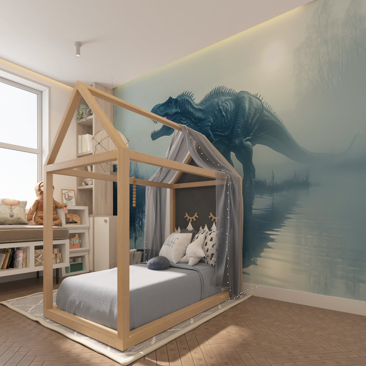 Dinosaur mural wallpaper creating depth in modern kids bedroom with blue accents and wooden furniture