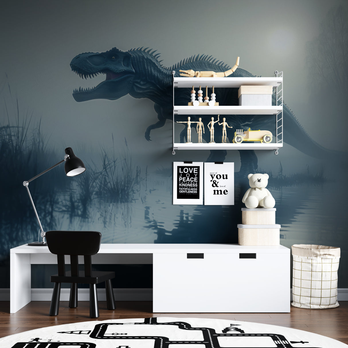 T-Rex wall mural adding character to playroom with reading nook and educational toys