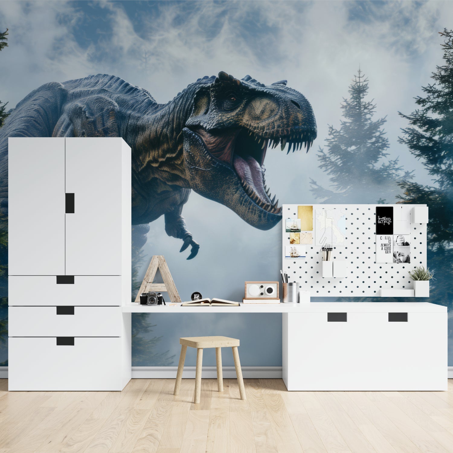 Prehistoric wallpaper transforming playroom with misty forest atmosphere