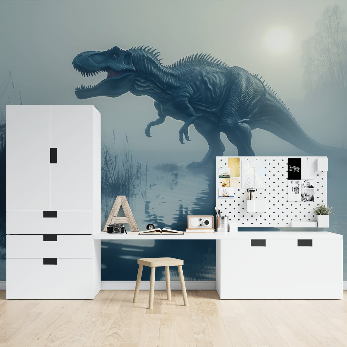 Dramatic dinosaur wallpaper transforming study area with desk and floating shelves