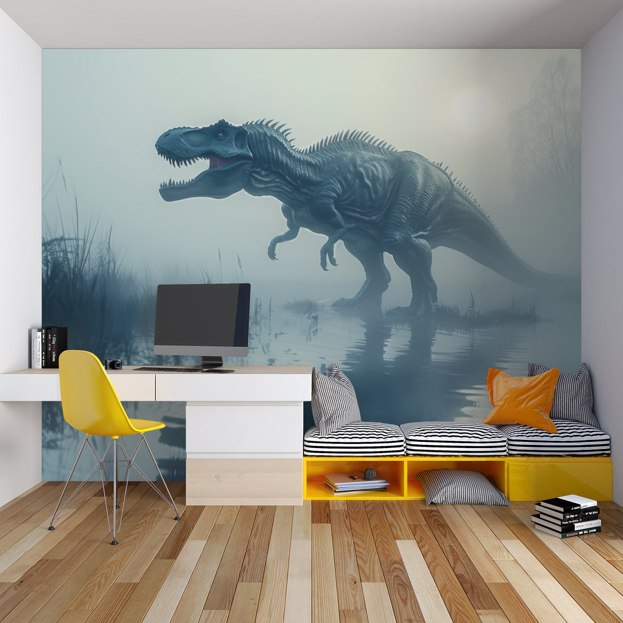 Prehistoric mural in teen bedroom showing scale and atmospheric misty effect