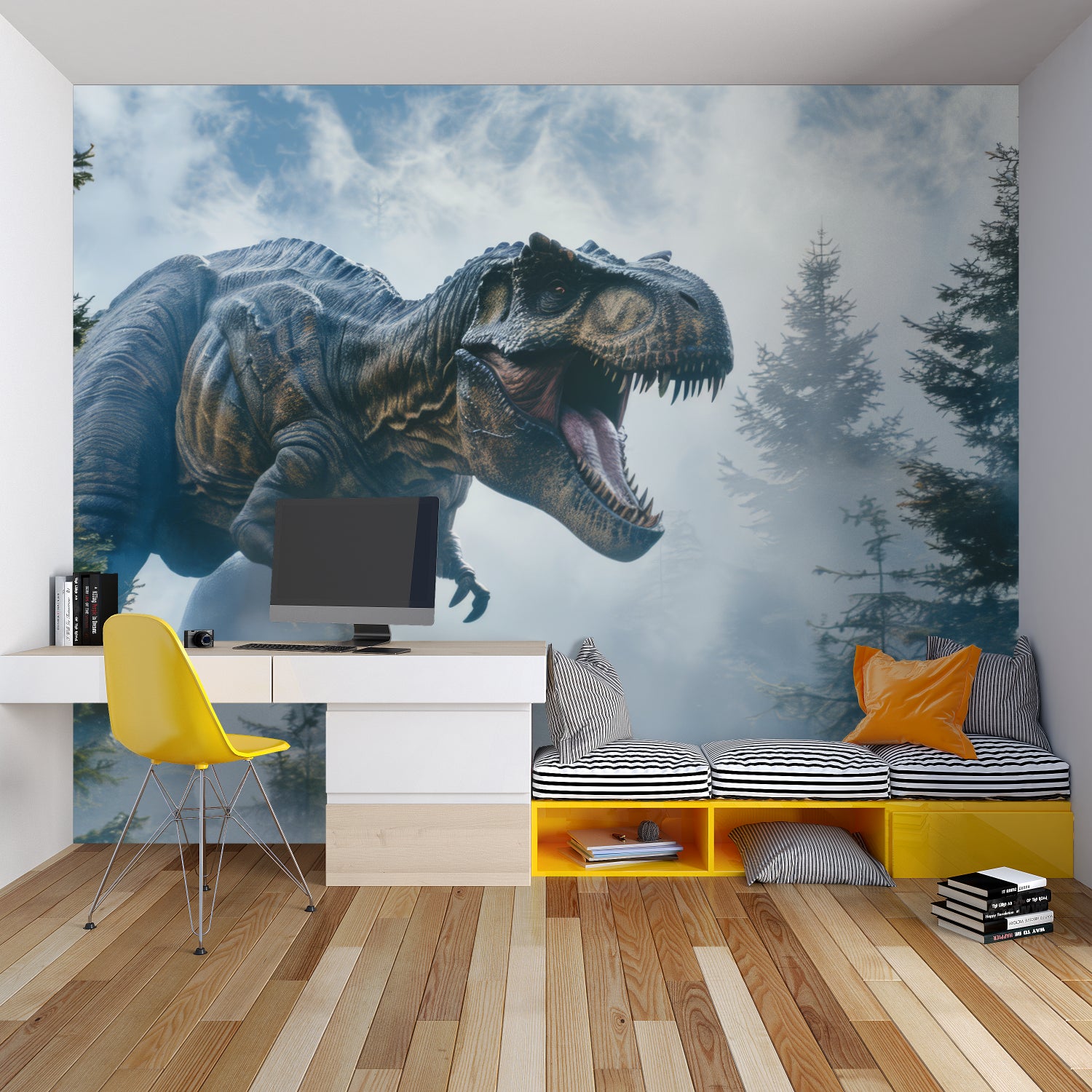 T-Rex wallpaper adding depth to gaming room with ambient lighting