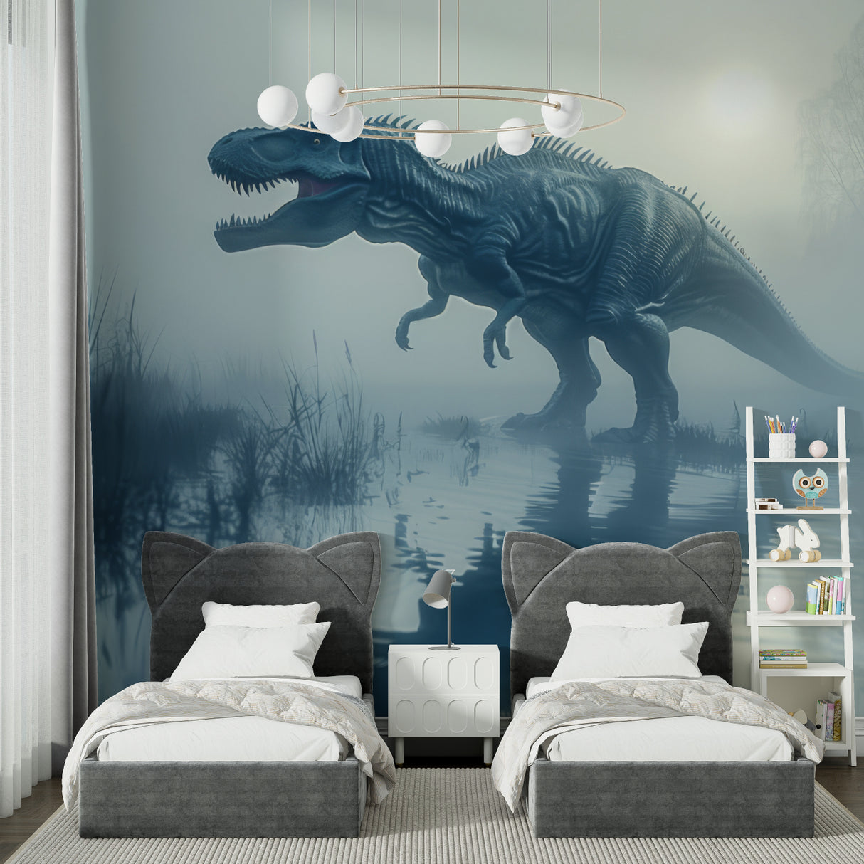 T-Rex wallpaper installation in game room with modern furniture and lighting