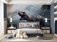 Dinosaur mural wallpaper bringing prehistoric adventure to a modern kids bedroom with dramatic T-Rex design