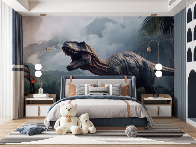 Dinosaur mural wallpaper bringing prehistoric adventure to a modern kids bedroom with dramatic T-Rex design