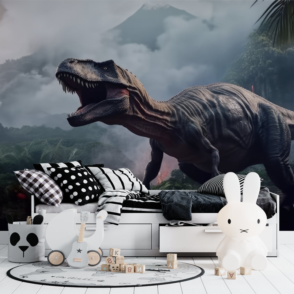 T-Rex wallpaper creating an exciting atmosphere in a teen's gaming room with moody jungle backdrop