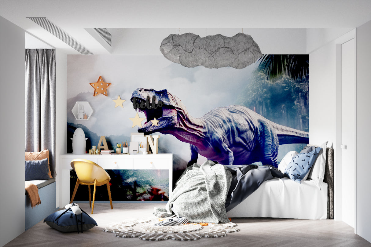 Prehistoric wall mural showcasing realistic T-Rex design in a playroom setting