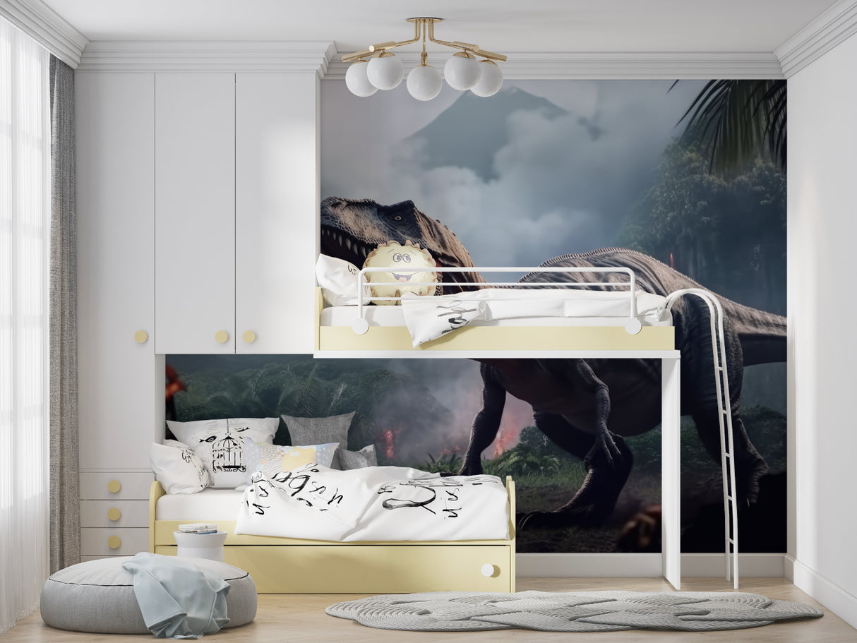 Dinosaur themed wall design transforming a study space with jungle atmosphere