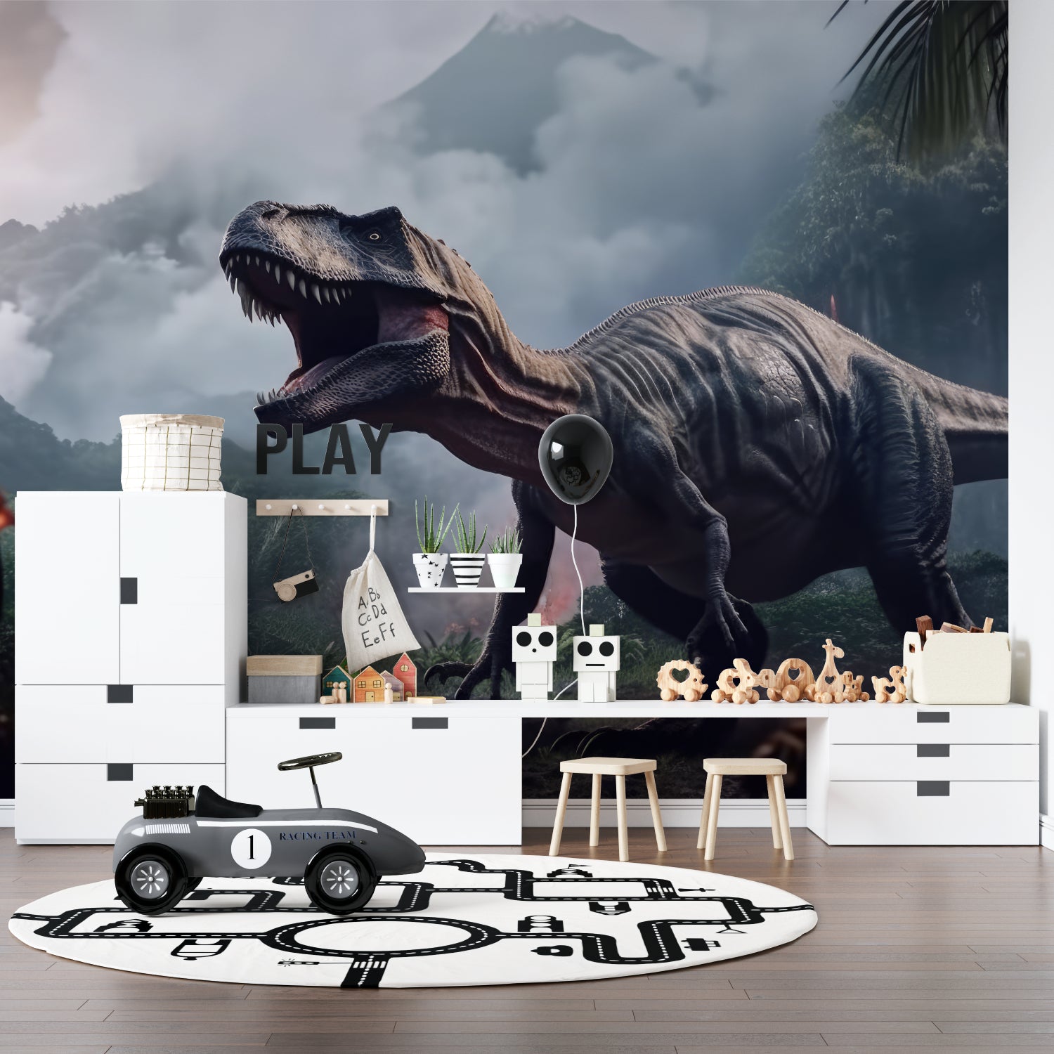 T-Rex mural wallpaper making a bold statement in a modern family room