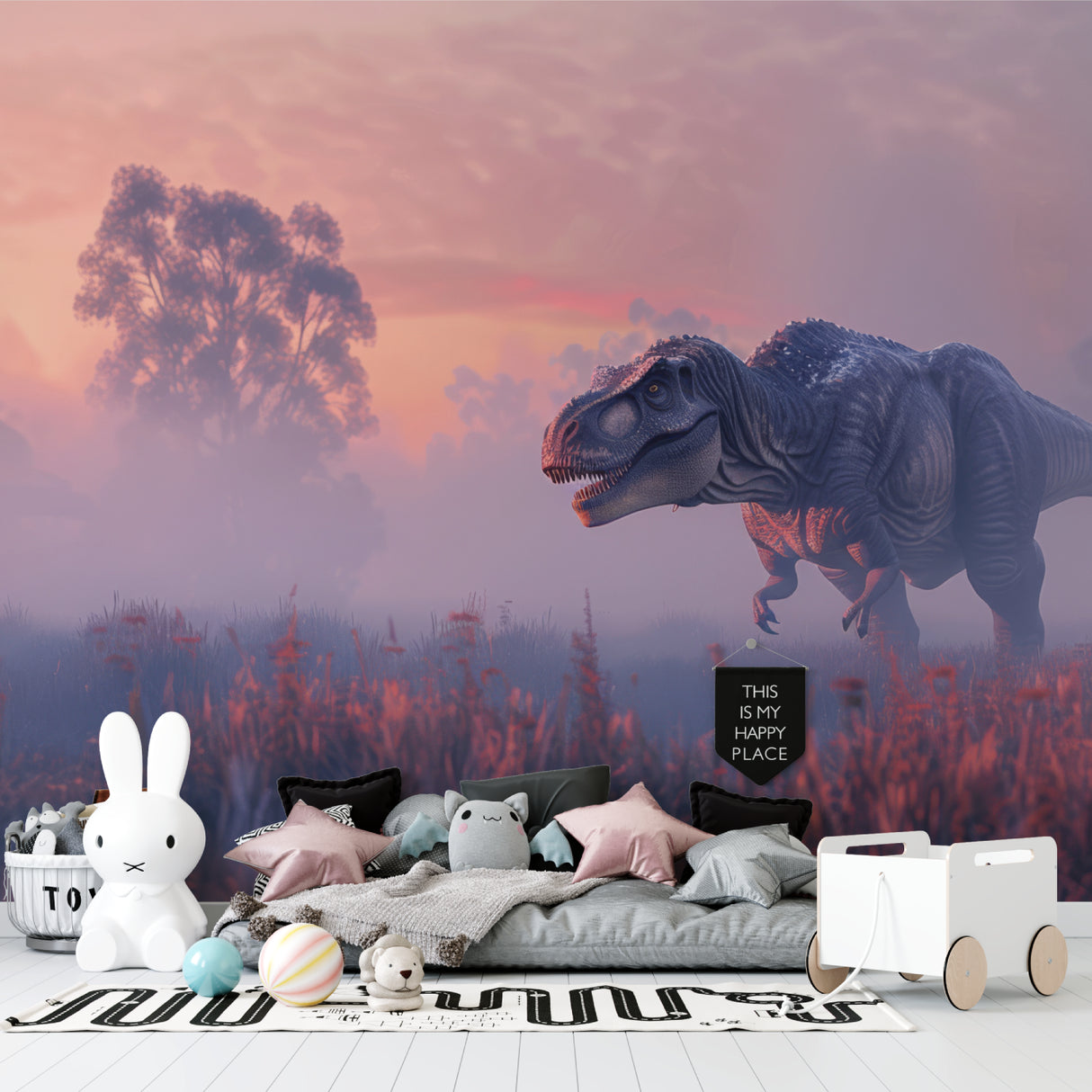 T-Rex wall mural in a cozy playroom setting, soft pink sunset tones creating warm atmosphere
