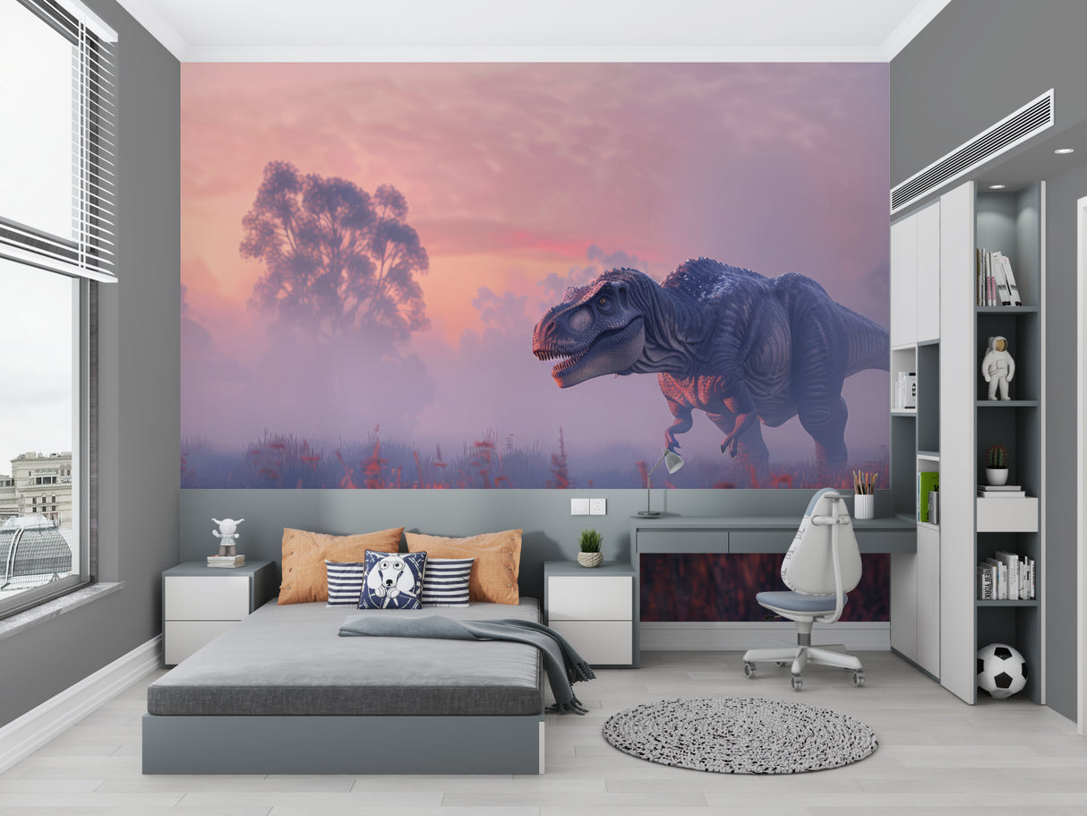 Dinosaur wallpaper transforming a nursery with gentle pink sunset and dramatic T-Rex silhouette