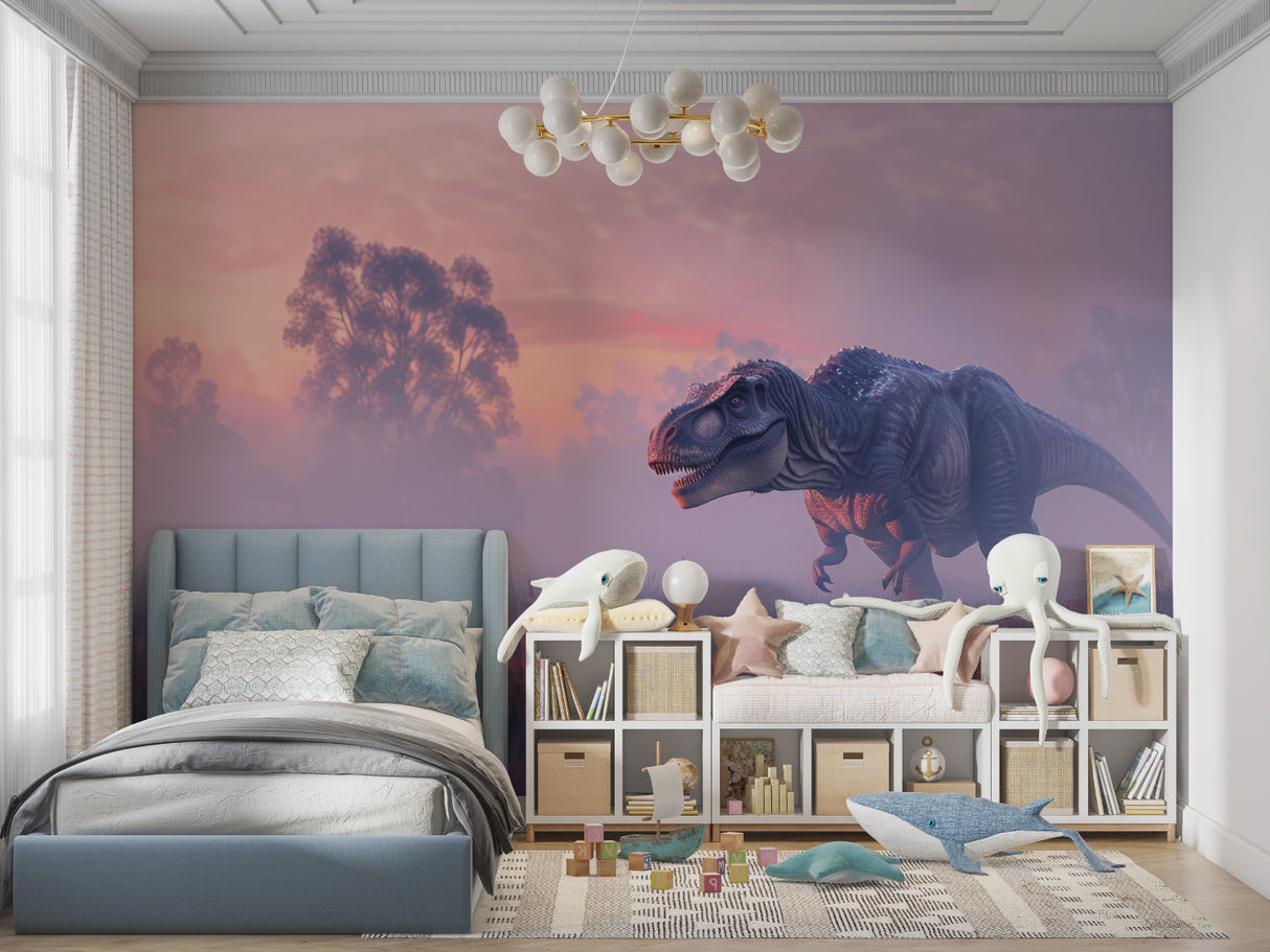 Pink T-Rex mural installation in a child's study area, showing scale and impact