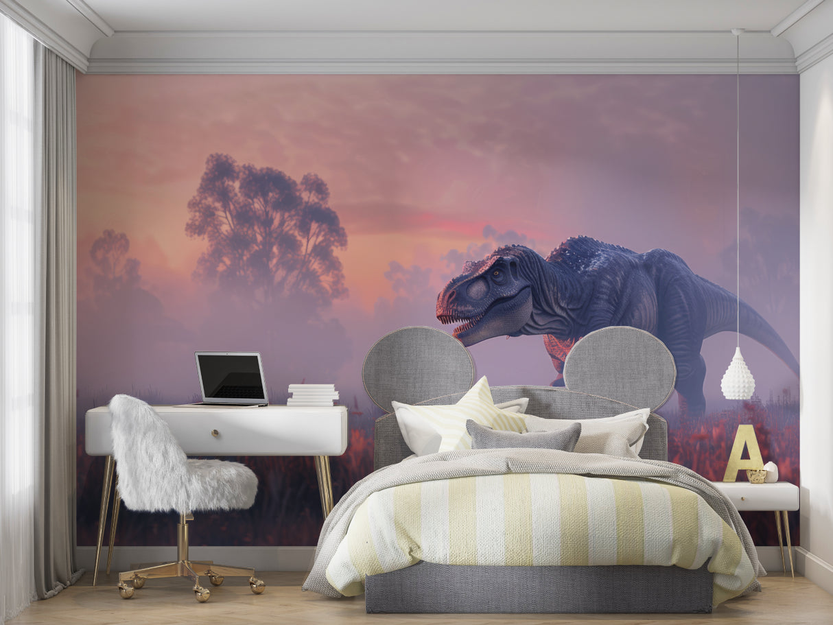 Prehistoric wallpaper creating magic in a reading nook, pink sunset tones complementing modern furniture
