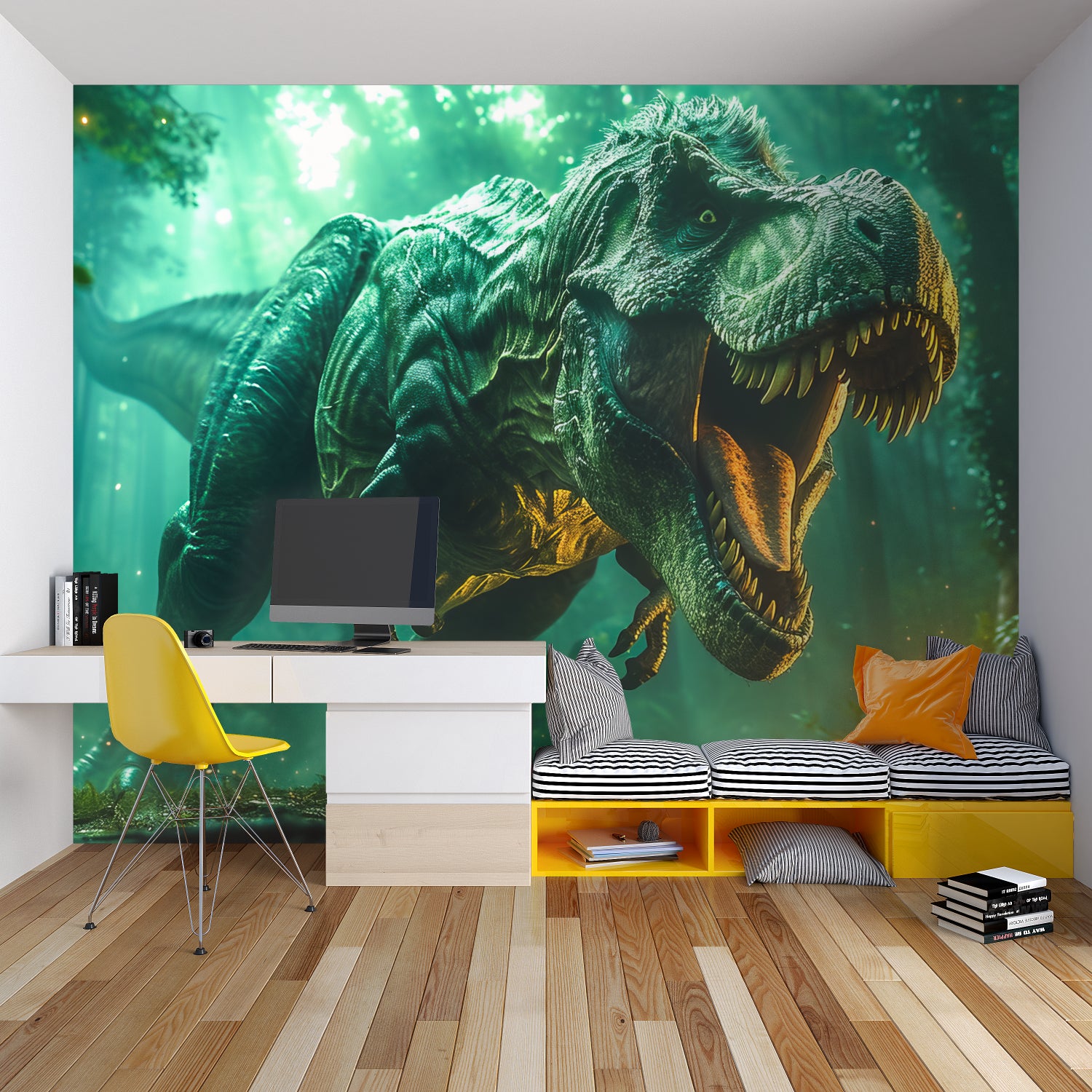 T-Rex mural wallpaper making a bold statement in this modern nursery