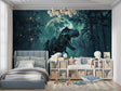 T-Rex night forest wallpaper in modern kids bedroom with blue accent lighting