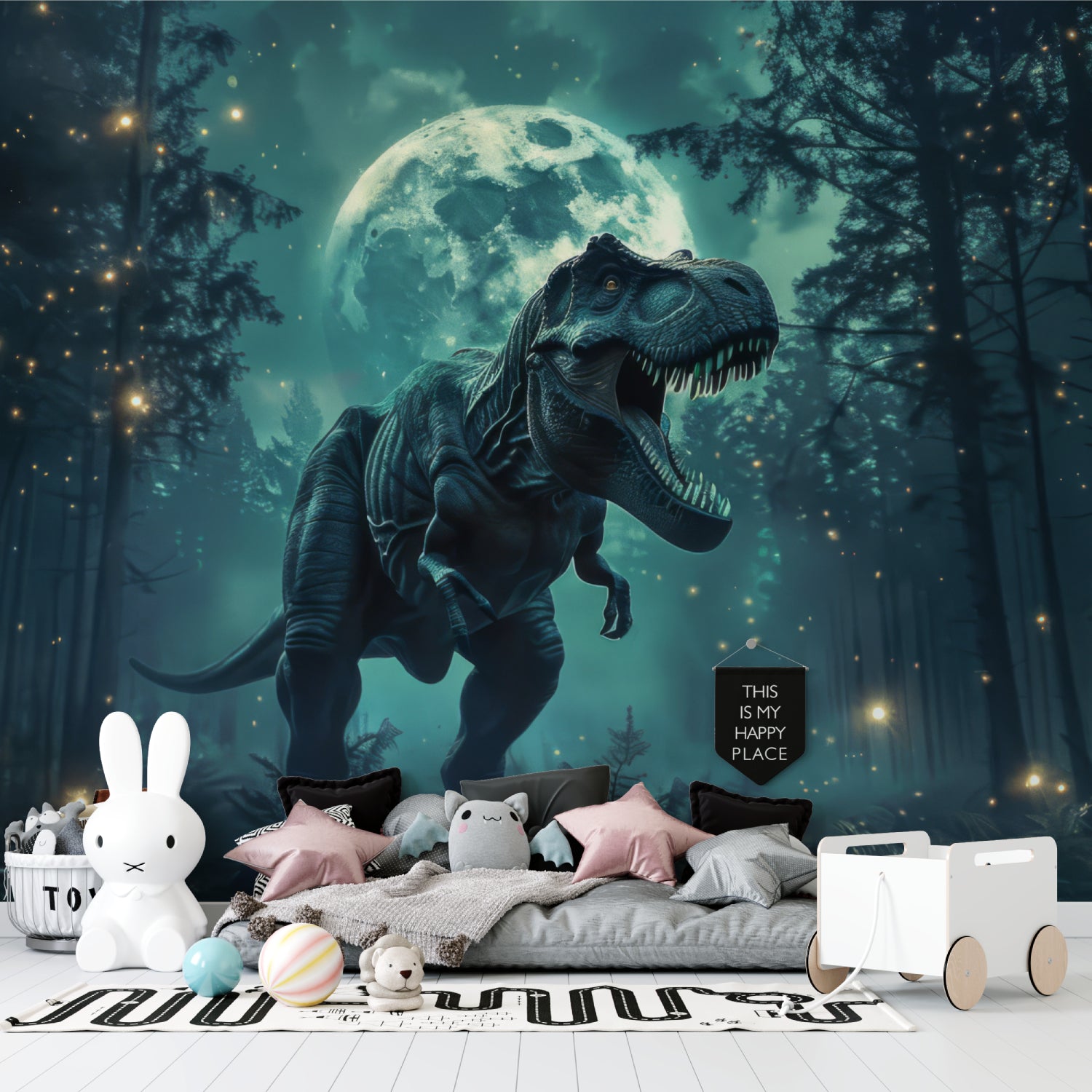 Dinosaur wall mural creating cozy atmosphere in teenage gaming room