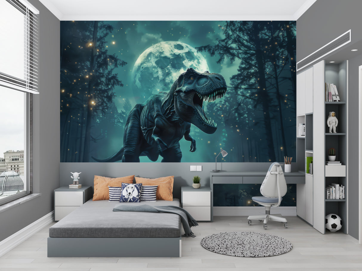 Night forest T-Rex mural in playroom with reading nook