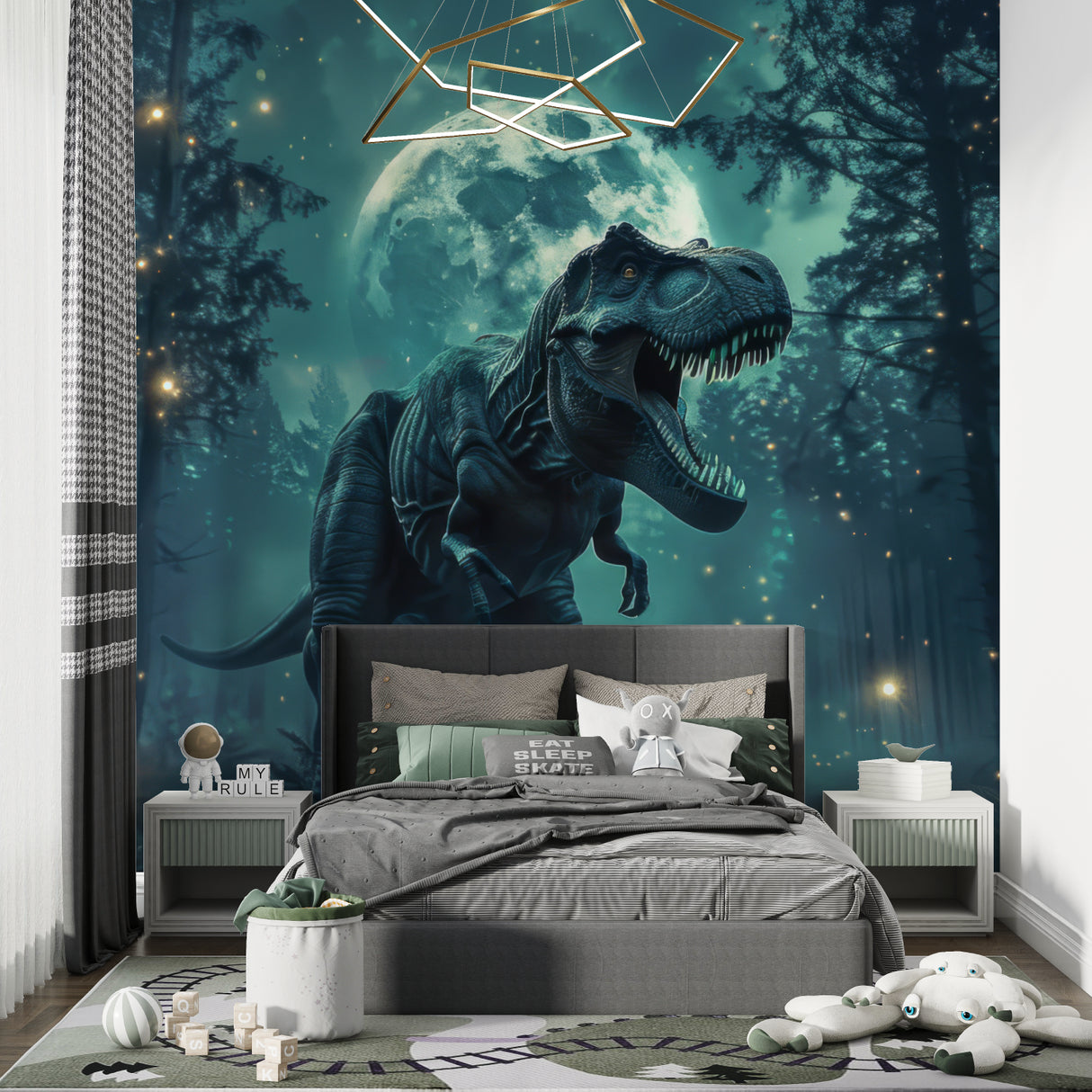 Mystical dinosaur wallpaper transforming modern nursery space